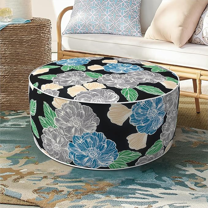 Inflatable Ottoman Stool D21 xH9 for Outdoor/Indoor Use, Water Repellent Patio Foot Rest with Portable Handle,Round Pouf Ottoman Suitable for Garden,Deck and Camping-Peony Garden