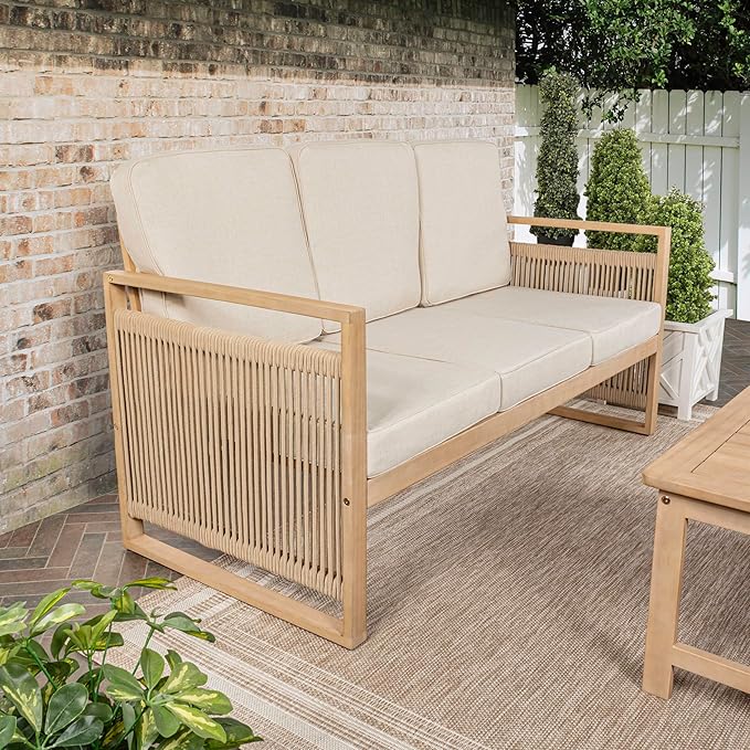 JONATHAN Y SFB1002A Gable 3-Seat Mid-Century Modern Roped Acacia Wood Outdoor Sofa with Cushions Scandinavian, Classic, Transitional, Industrial for Backyard, Patio, Porch, Beige/Light Teak