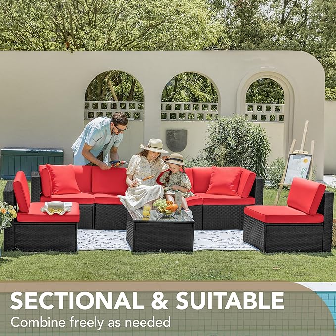 Devoko 7 Pieces Outdoor Sectional Sofa Patio Furniture Sets Manual Weaving Wicker Rattan Patio Conversation Sets with Cushion and Glass Table (Red)