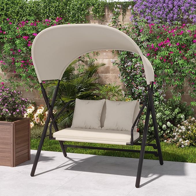 AECOJOY 2 Seat Outdoor Patio Swing Chair with Cover, Porch Swings Chairs for Adult, Outside Metal Steel Frame Patio Swing Bench, Beige