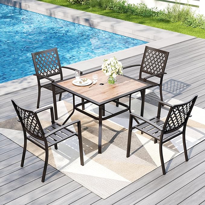PHI VILLA 5 Pieces Outdoor Dining Set for 4, 37" Square Metal Table with Polywood Top & Stackable Wrought Iron Chairs, Outside Furniture for Patio, Deck, Porch, Backyard