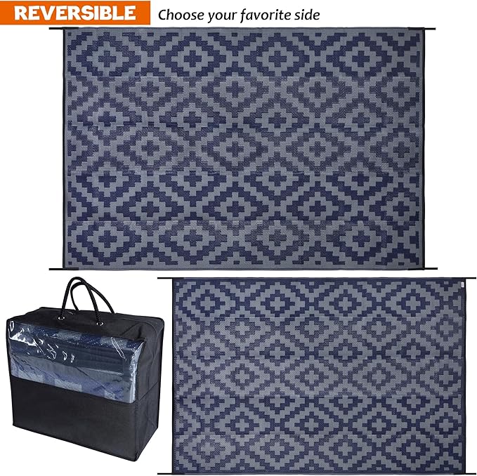 SAND MINE Reversible Mats, Plastic Straw Rug, Modern Area Rug, Large Floor Mat and Rug for Outdoors, RV, Patio, Backyard, Deck, Picnic, Beach, Trailer, Camping (6' x 9', Blue Grey Lattice)