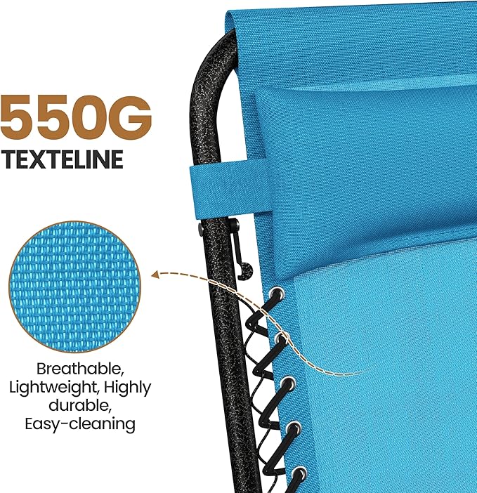Yaheetech Zero Gravity Recliners Outdoor Adjustable Folding Reclining Lounge Chairs w/Pillows, Cup Holder Trays and Carry Strap for Patio Backyard Beach Light Blue Set of 2