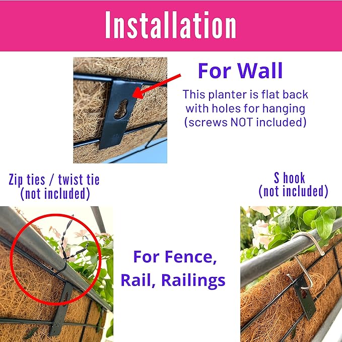 LaLaGreen Wall Mounted Planters - 30 Inch, 6 Pack Black Window Flower Boxes Basket Outdoor, Balcony Planter Over The Rail, Deck Railing Hanging with Coco Liners, Metal Horse Troughs Fence Patio Porch