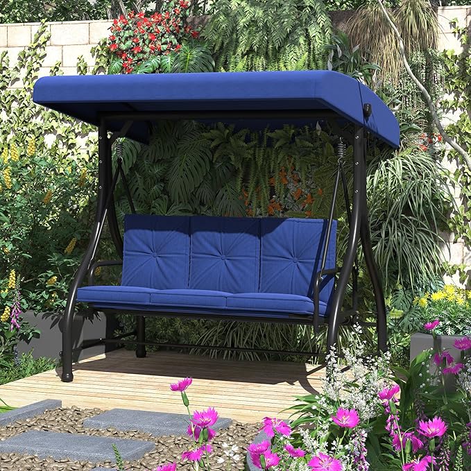 U-MAX Porch Swing Chair with Adjustable Backrest&Canopy, 3 Seat Patio Swing with Canopy 2-in-1 Convertible Outdoor Swing with Canopy Patio Daybed with Removable Blue Cushions for Adults