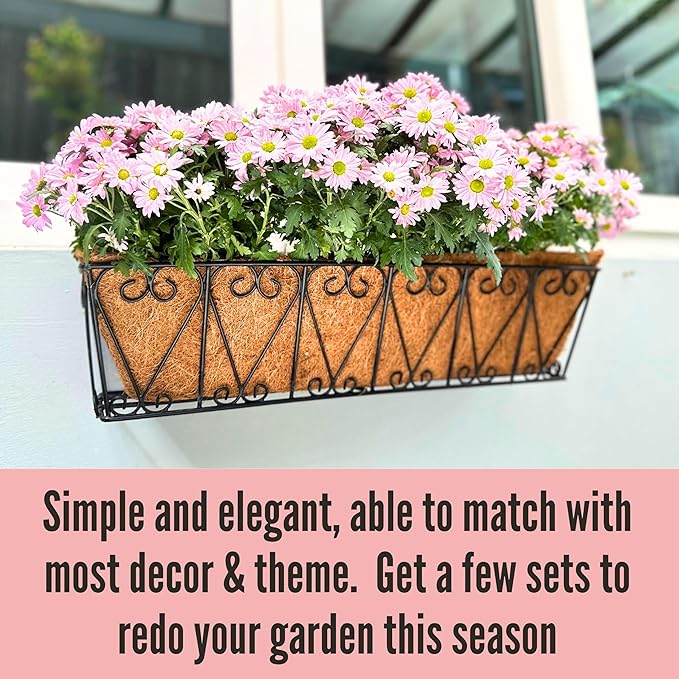 LaLaGreen Wall Hanging Planter - 4 Pack, 24 Inch Large Black Window Flower Basket Boxes Outdoor Attach House, Rectangular Deck Railing Hanging Pot with Coco Liner Over Rail Fence Balcony Patio Porch