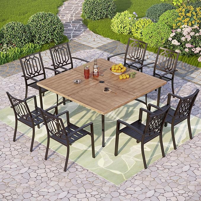 PHI VILLA 9 Pieces Outdoor Dining Set for 8, 60" Brown Square Iron Table with Umbrella Hole & Stackable Black Metal Steel Chairs, Large Outside Furniture Set for Patio, Deck, Yard, Porch