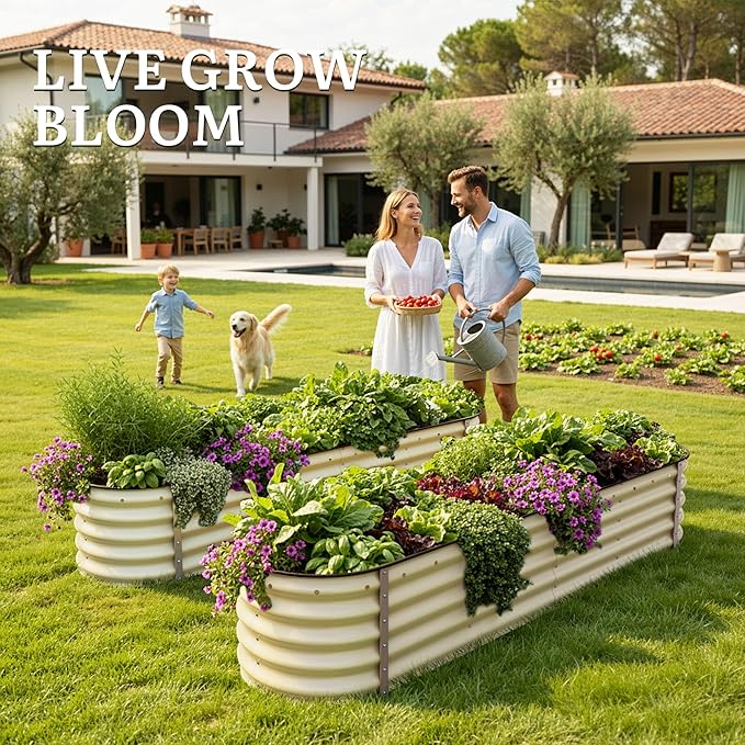 YITAHOME 17" Tall 9 in 1 Raised Garden Bed Kit,96x24 in Large Galvanized Metal Planter Box with Gloves & Safety Rubber, Outdoor Flower Bed for Plants Vegetables Flowers, White