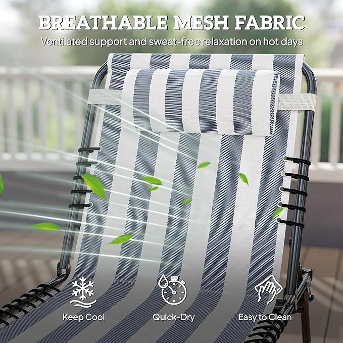 Outsunny Folding Chaise Lounge Chair Set of 2, Patio Sun Tanning Chair, Outdoor Chaise Lounger with 4-Position Reclining Back, Breathable Mesh Seat for Beach, Poolside, Yard, Blue and White