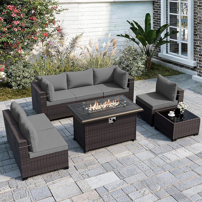 ALAULM Patio Furniture Set with Fire Pit Table 55000 BTU, Outdoor Sectional with Wide Seat and Thick Cushion, 8 Piece Wicker Rattan Conversation Set with Coffee Table for Garden, Deck, Grey