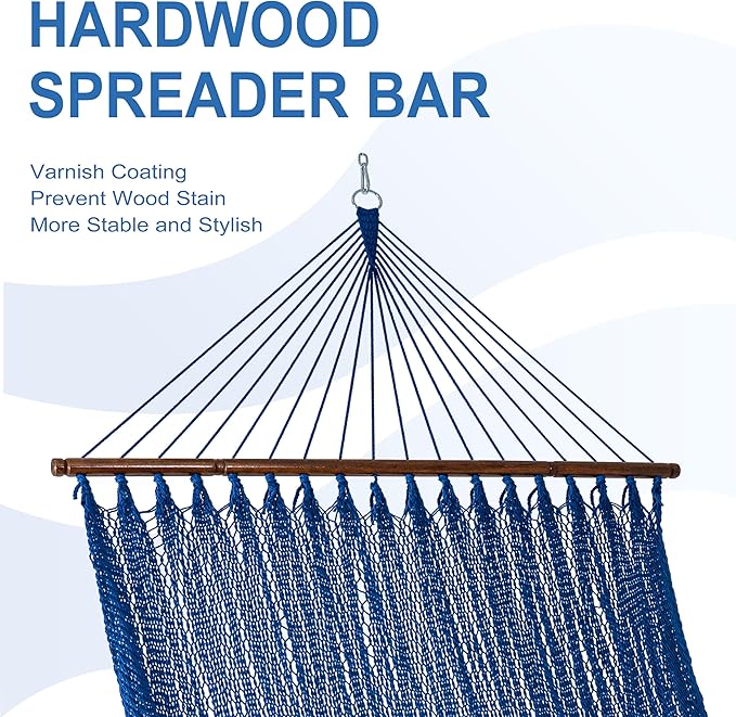 Lazy Daze Hammocks 10.5 FT Double 2 Person Caribbean Rope Hammock, Hand Woven Polyester Hammock with Spreader Bars, for Outside Outdoor Backyard Patio Poolside, 450 LBS Capacity, Blue