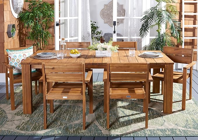 SAFAVIEH Outdoor Collection Hestia Natural Brown Acacia Solid Wood 7-Piece Dining Set, Ideal for Deck, Patio, Backyard