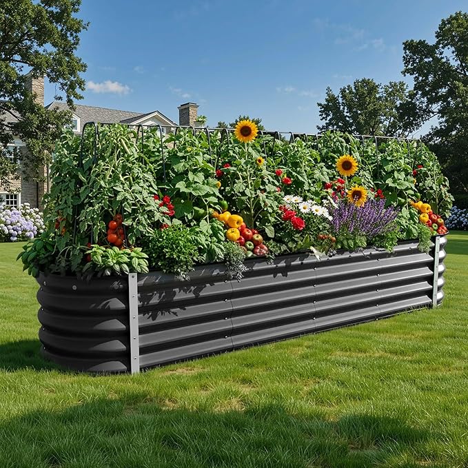 YITAHOME 17" Tall 9 in 1 Large Raised Garden Bed Kit, 8x2x1.4ft Galvanized Metal Planter Box with Gloves & Safety, Outdoor Above Ground Planters for Plants Vegetables Flowers, Black