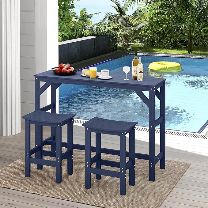 3Pcs HIPS Outdoor Patio Bar Set, All Weather HIPS Bar Table and Chairs Set for Outside, 55" Rectangular High Top Bar Table with 2 Bar Stools for Poolside, Patio, Balcony, Deck, Blue