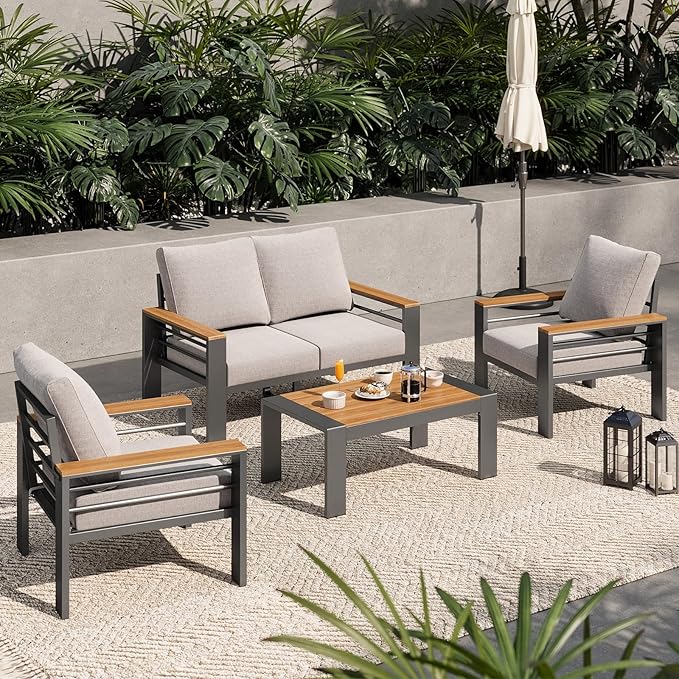 Aoxun Aluminum Outdoor Patio Furniture Set, 4 Seats Outdoor Sectional with Coffee Table, Patio Conversation Sets with Upgraded Armrests and Cushions for Backyard, Garden and Poolside