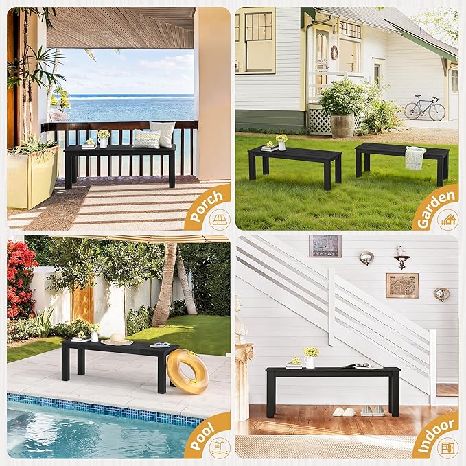 LUE BONA HDPS Outdoor Bench with Straight Legs, All-Weather 2-Person Outdoor Backless Benches, Weatherproof Heavy-Duty Garden Bench for Porch, Patio, Lawn and Backyard, Black