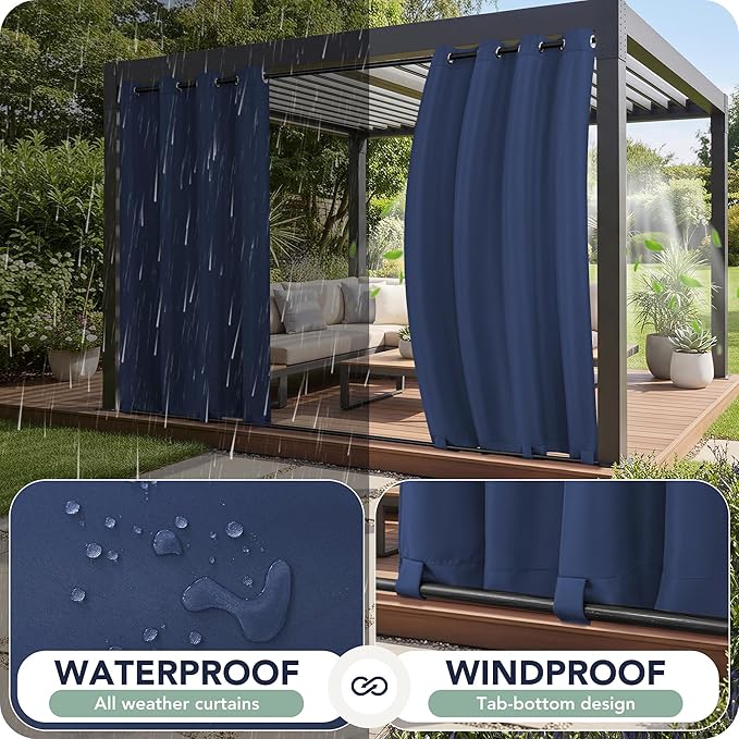 Outdoor Curtains for Patio Waterproof 6 Panels - Windproof, Privacy, Weatherproof Outside Drapes for Gazebo Pergola Porch, Grommet Top and Tab Bottom, 54x84 Inch, Navy