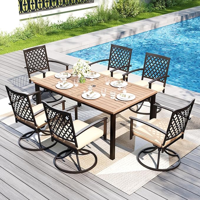 PHI VILLA 7 Pieces Outdoor Dining Set for 6, 65" Rectangle Metal Wood-Like Steel Table with Umbrella Hole & Swivel Wrought Iron Chairs, Outside Furniture Set for Patio, Deck, Yard, Porch