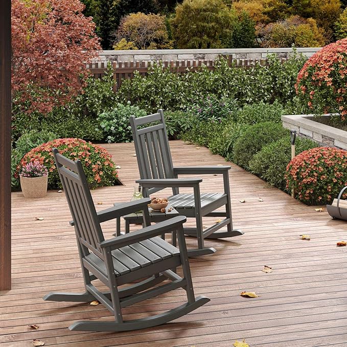 HDPE Rocking Chair Outdoor- Poly High Back Porch Rocker Chairs for Adults - All Weather Resistant Furniture for Patio Front Porch - Gray