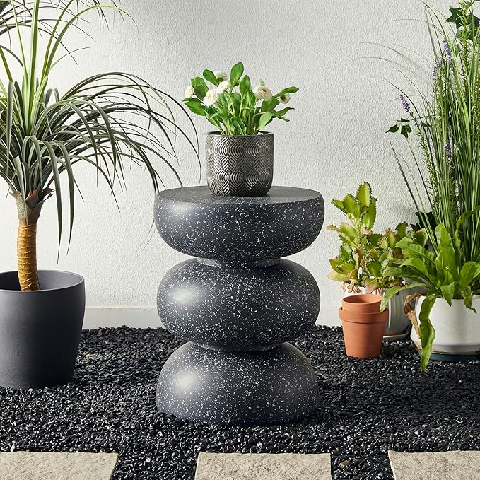 Glitzhome Outdoor Side Table Set of 2, 18" H Decorative Garden Stool MgO Faux Terrazzo End Table, Heavy Duty Indoor Outdoor Round Planter Stand for Living Room Bedroom Patio Deck Poolside,Black