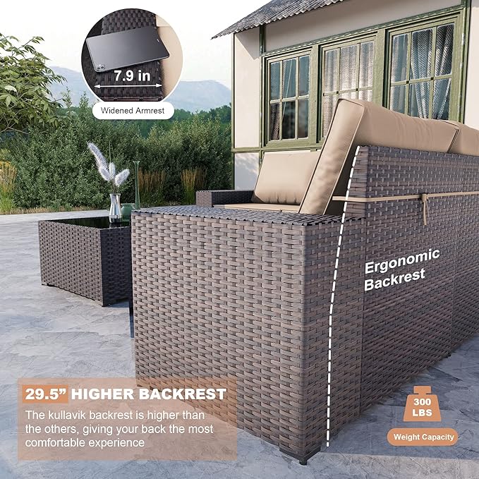 Kullavik Outdoor Patio Furniture Set 6 Pieces Sectional Rattan Sofa Set Brown PE Rattan Wicker Patio Conversation Set with 5 Seat Cushions and 1 Tempered Glass Table,Sand