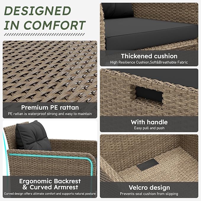 LHBcraft Balcony Furniture 5 Piece Wicker Patio Furniture Set, Outdoor Hand-Woven Rattan Lounge Chairs with Tempered Glass Coffee Table, Ottomans & Soft Cushions for Front Porch, Garden, Black