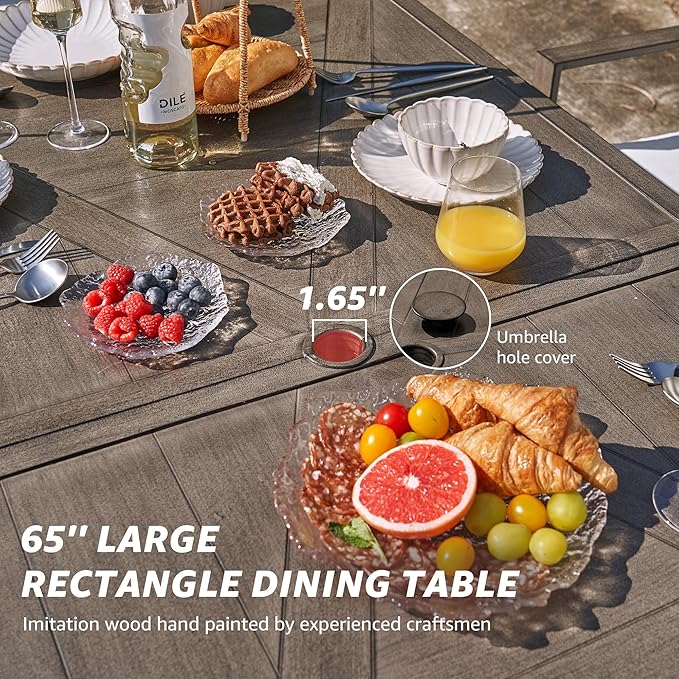 NATURAL EXPRESSIONS 7 Piece Patio Dining Table Outdoor Furniture Set for 6, 6Pcs Swivel Patio Dining Chairs with Olefin Cushions, 65”Large Dining Table with Umbrella Hole