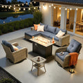 ovios 8-Piece Patio Furniture Set with L-Shape Sofa Chaise, Outdoor Sectional Couch Swivel Gliders Fire Pit Table, Modern Modular Wicker Rattan Conversation Set, Denim Blue