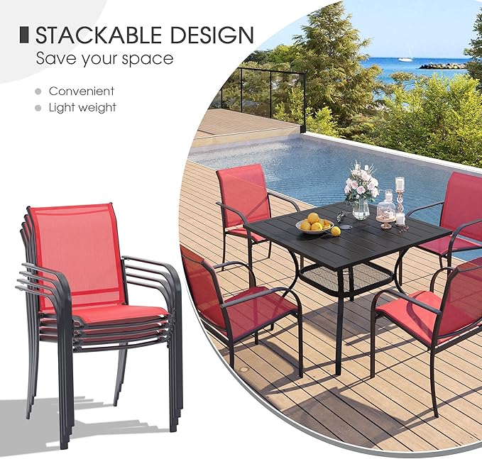 VICLLAX 5-Piece Modern Patio Dining Set - Square Table & 4 Stackable Sling Chairs - Black Table, Red Chairs - Outdoor Furniture for Balcony, Garden, Deck