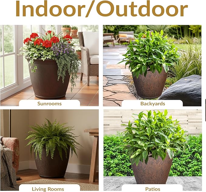 Sunnydaze 24-Inch Anjelica Large Plastic Pot for Plants - Outdoor Double-Walled Large Plastic Planter with Drillable Drainage Holes- Rust