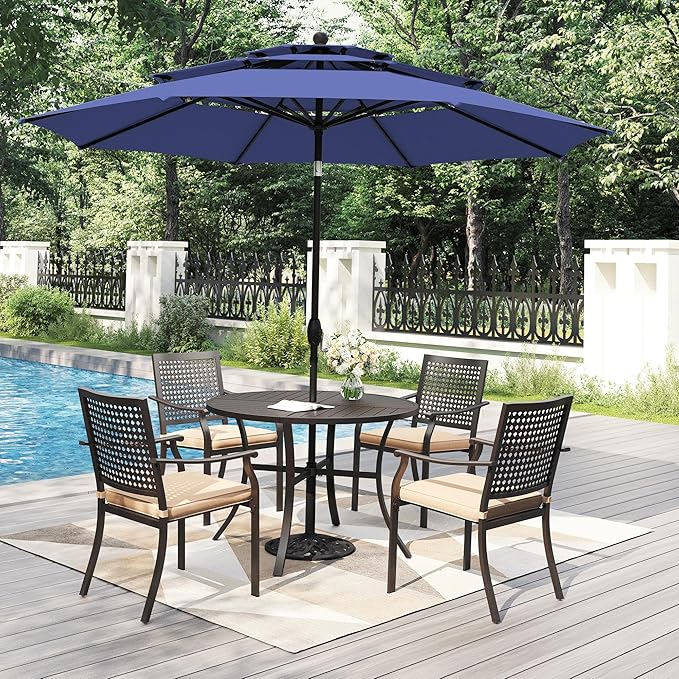 PHI VILLA 5 Pieces Outdoor Dining Set for 4 with Umbrella, 42" Large Round Metal Steel Table & Stackable Iron Chairs with Cushions & 10ft Blue Umbrella, Modern Furniture for Patio, Deck, Yard, Porch