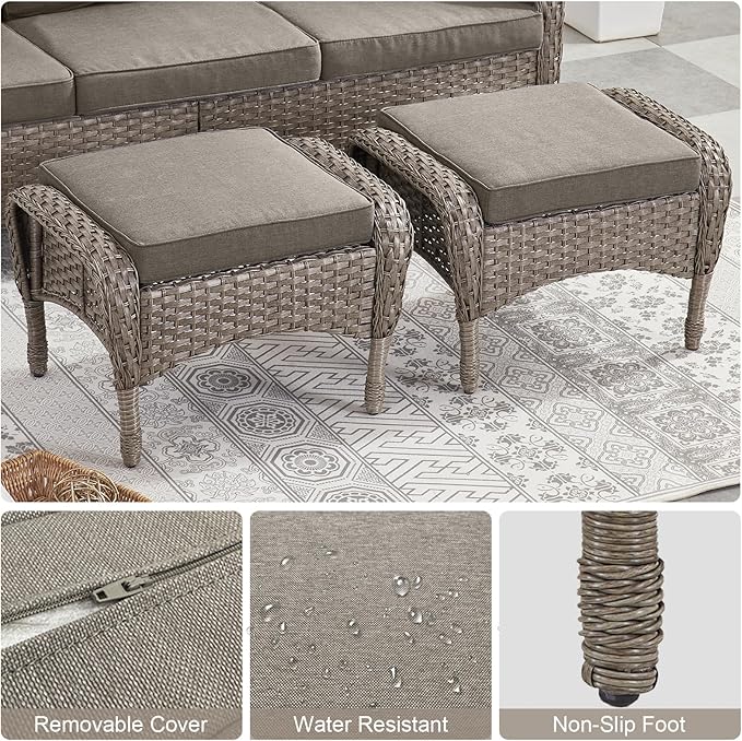 Belord Outdoor Ottomans for Patio Foot Rest - 25 Inch PE Wicker Foot Stool Set of 2 with Removable Cushions for Patio Furniture Sets,All Weather Rattan Ottoman for Balcony Deck Backyard Brown
