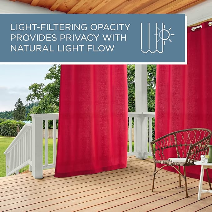TOWN & COUNTRY BASICS Cabana Solid Heavyweight Indoor Outdoor Curtains, Light Filtering Opacity with Grommet Top, Water Repellent, 2-Pack Set, 54"x96", Radiant Red