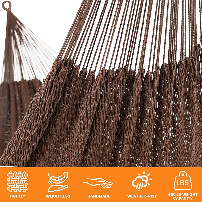 Lazy Daze Hammocks Handwoven Mayan Hammock, 10.5 FT Soft Rope Double Hammocks, Portable Outdoor Hammock with Carry Bag, 2 Straps & Carabiners for Patio Outside, 550 lbs Weight Capacity, Coffee
