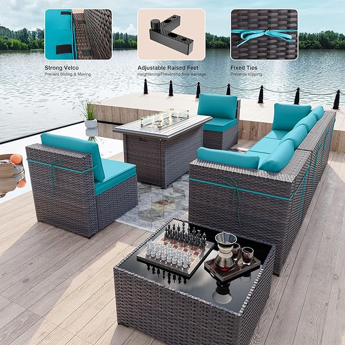Kullavik 8 Pieces Outdoor Patio Furniture Set,Sectional Sofa Set with 43" 55000 BTU Gas Propane Fire Pit Table,Brown PE Rattan Wicker Patio Conversation Set,Turquoise Blue