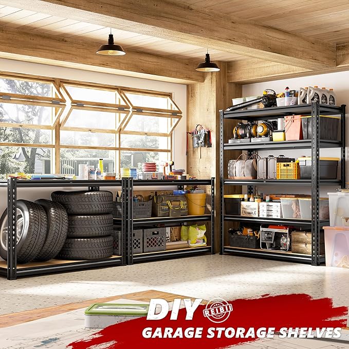 REIBII 2400LBS Storage Shelves 5 Tier Garage Shelving Heavy Duty Adjustable Garage Shelves, Utility Rack Shelf, Shelving Units for Storage Warehouse Pantry Closet, 35.5" W x 11.9" D x 72" H, 4 Pack