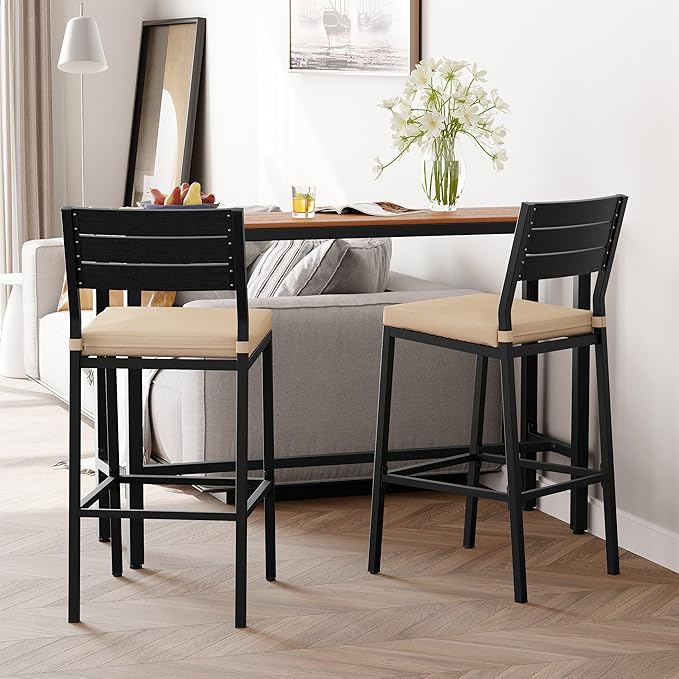 Crestlive Products Outdoor Bar Stools Set of 2, Patio Counter Height Barstools with Cushions, Tall Chairs with Back and Footrest for Deck, Lawn, Garden, Backyard, Poolside, Or Indoor Use (Beige)