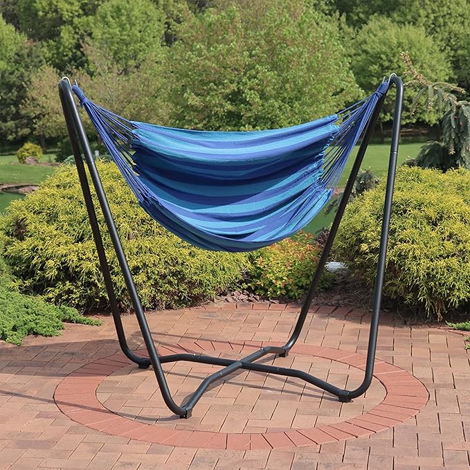 Sunnydaze Hanging Hammock Chair with Space-Saving Stand for Indoor or Outdoor Use - 330-Pound Capacity - Beach Oasis