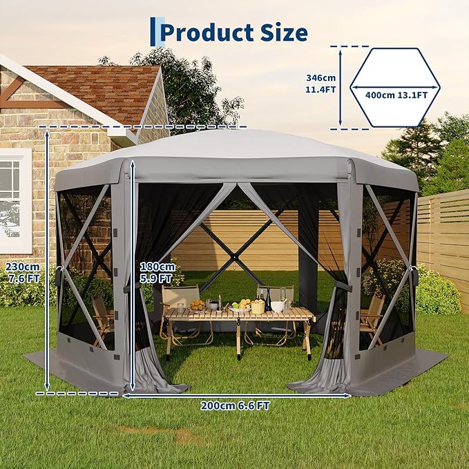 13x13FT 6-Sided Pop Up Gazebo Tent，One-Push Setup Canopy Tent with Removable Canopy Top & Wind Cloths, Outdoor shelter for Camping, Backyard Parties, Outdoor Events - Grey