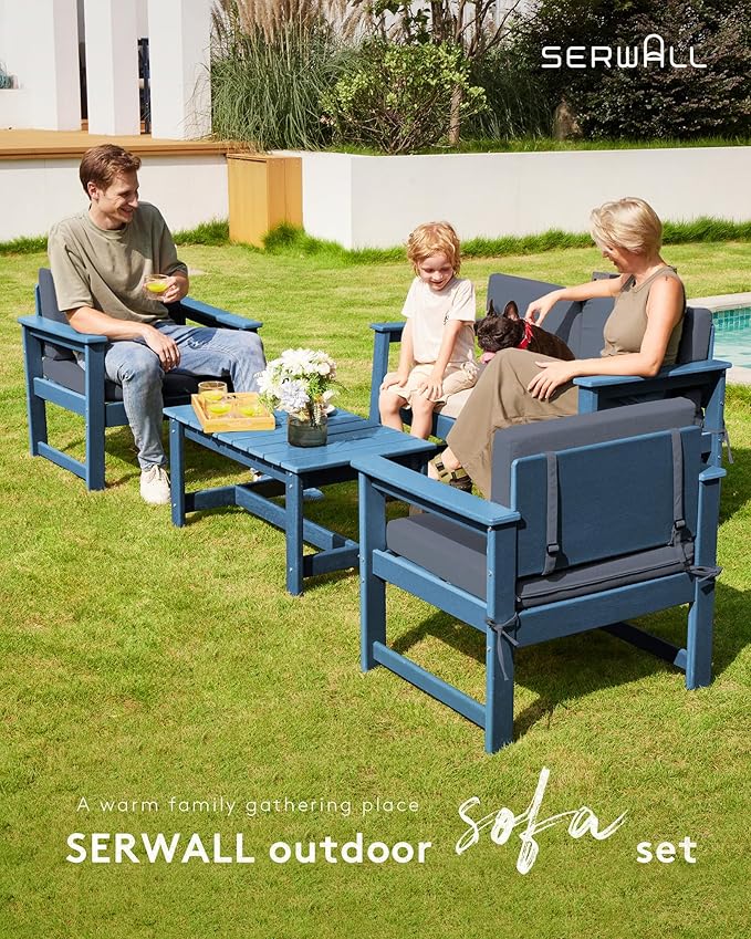 SERWALL 5 Pieces HDPE Outdoor Sofa Set with Cushions, All Weather Couch Conversation Set, Loveseat Social Furniture Chairs with Coffee Table, Blue Frame with Grey Cushions