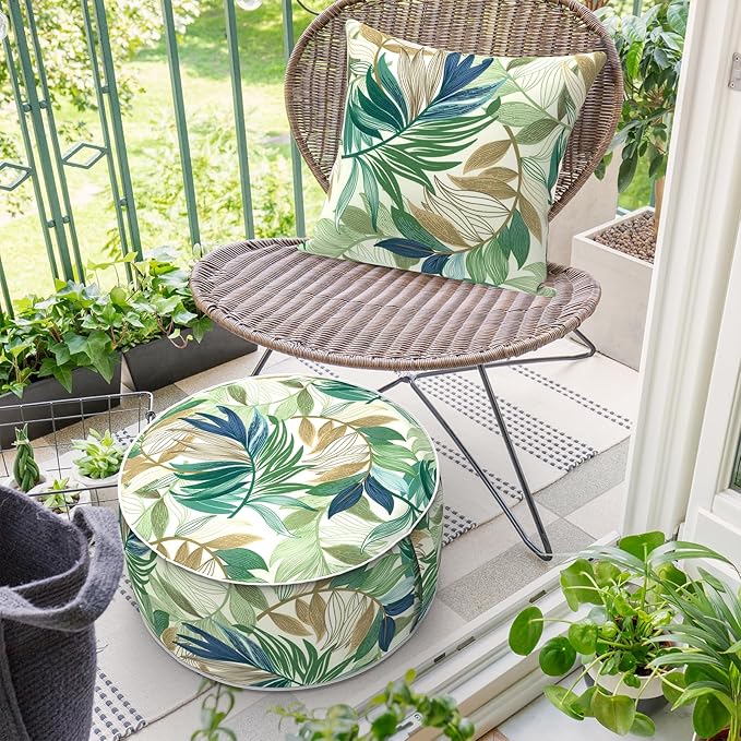 Inflatable Ottoman Stool D21 xH9 for Outdoor/Indoor Use, Water Repellent Patio Foot Rest Stool with Portable Handle,Round Pouf Ottoman Suitable for Garden,Deck and Camping - Lush Leaf Green