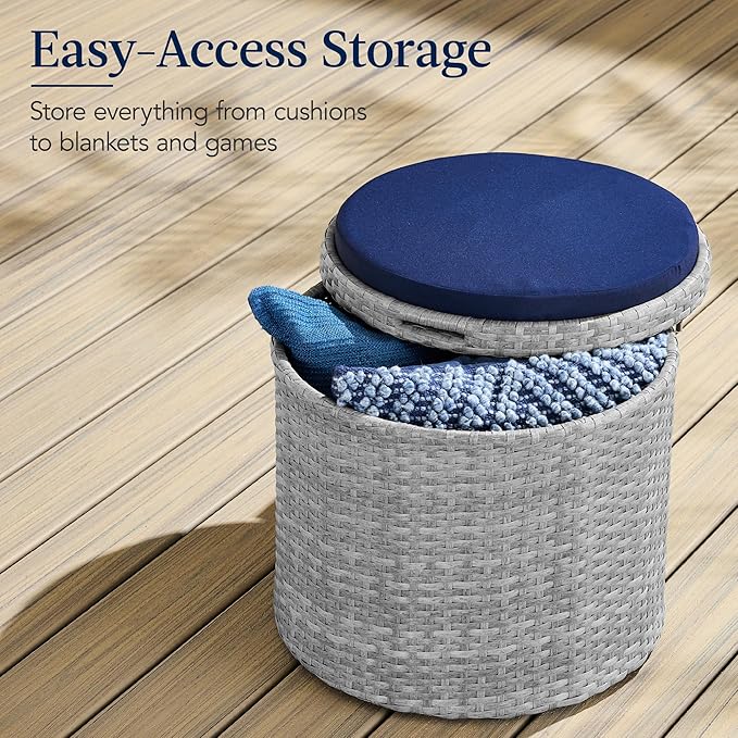 Best Choice Products Round Wicker Ottoman, Multipurpose Outdoor Furniture for Patio, Backyard, Additional Seating, Footrest, Side Table w/Storage, Removable Cushions – Gray/Navy