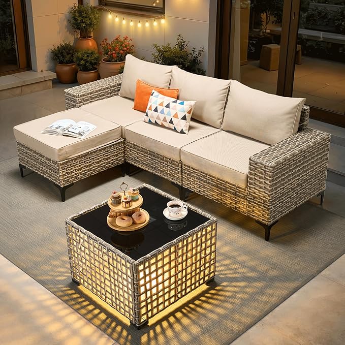 ovios 5-Piece Patio Furniture Set with L-Shape Sofa Chaise, Outdoor Sectional Couch Solar Table, Modern Modular Wicker Rattan Conversation Set, Beige