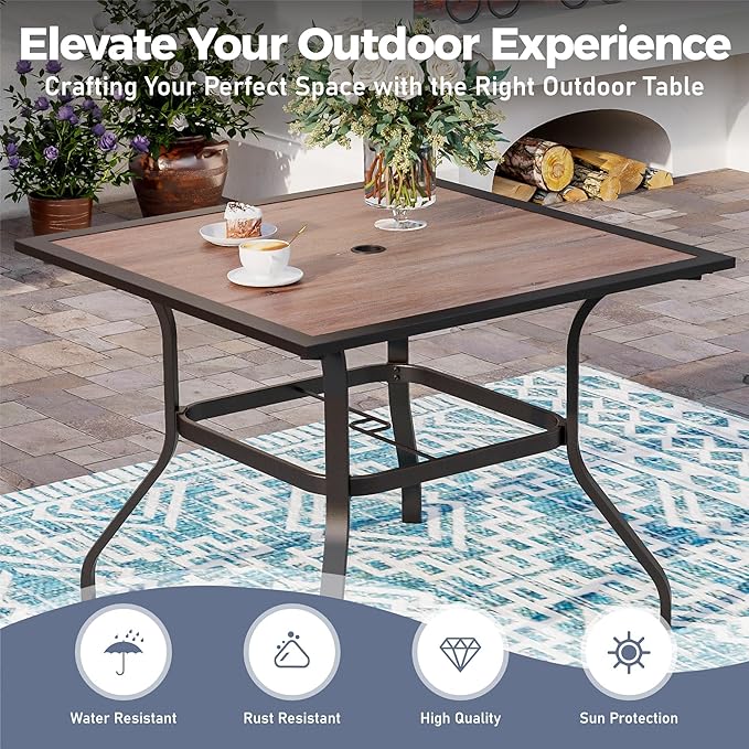 5 Piece Patio Dining Set for 4, 37”x37” Square Table (PVC Wood-Like Table Top) with 1.57" Umbrella Hole, 4 Metal Blue Chairs, Outdoor Table and Chairs Set for Lawn Backyard and Deck