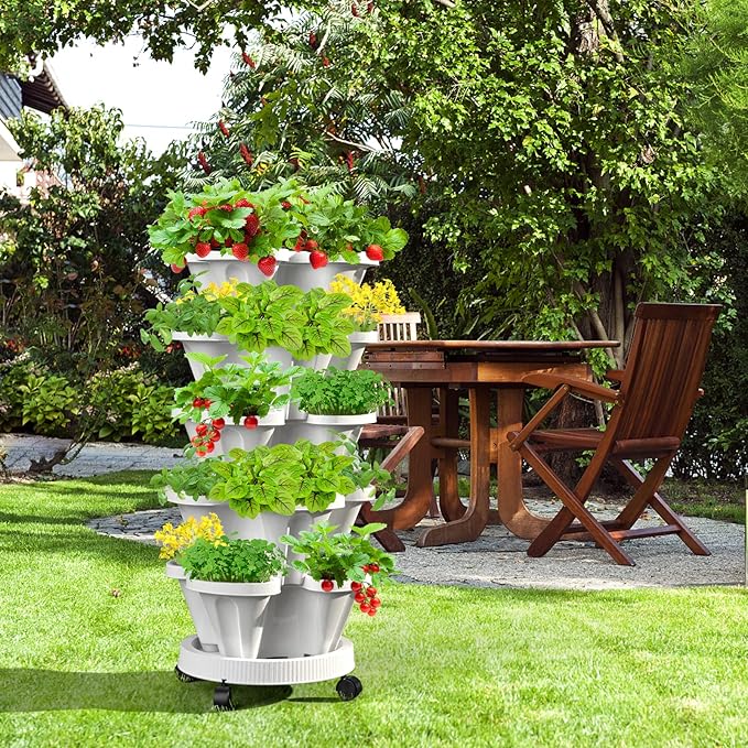 Strawberry Vertical Planters 2 Pack, 5 Tiered Stacking Tower Garden with Support Pole, Stackable Herb Vegetable Planters Indoor Outdoor Black