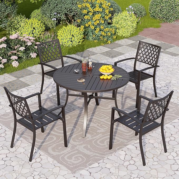 PHI VILLA 5 Pieces Outdoor Round Dining Set for 4, Metal Steel Circle Table with Umbrella Hole & Stacking Wrought Iron Chairs, Modern Furniture Set for Patio, Deck, Backyard, Porch