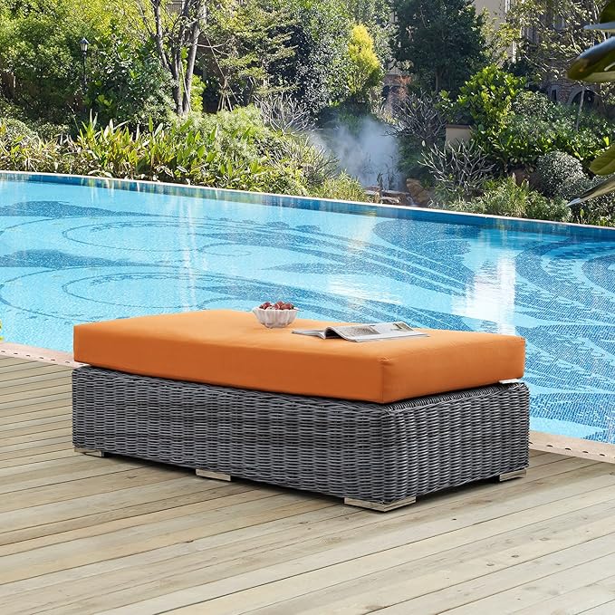 Modway Summon Wicker Rattan Outdoor Patio Sunbrella® Fabric Rectangle Ottoman in Canvas Tuscan
