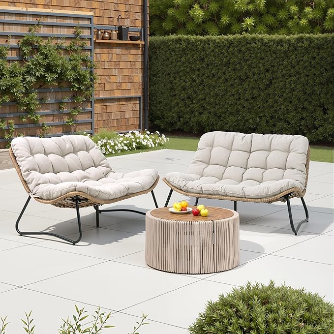 Crestlive Products Outdoor Loveseat 2PCS, Patio Conversation Set, All-Weather Boho Rattan Patio Furniture with Soft Cushion for Balcony, Poolside, Backyard (Without Table)