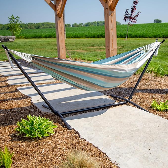 Vivere Brazilian Style Sunbrella Double Hammock with Steel Stand, Gateway Mist