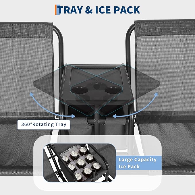 2-Person Porch Swing with Cup Holders, Pivot Storage Table & Cooler Bag, Adjustable Canopy, Black Steel Frame Outdoor Patio Swing for Backyard, Balcony & Poolside